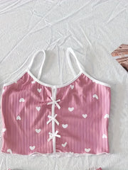 Summer Heart Print Ribbed Bow Decor Pajama Set