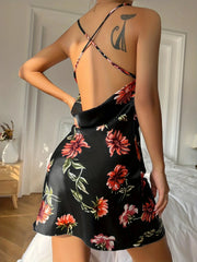 Summer Ice Silk Stain Nightgowns Sleepwear Slip Dress Floral Print Pajamas Open Back Split Nightdress Nighties