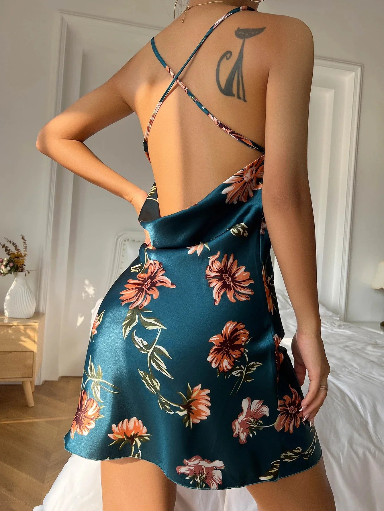 Summer Ice Silk Stain Nightgowns Sleepwear Slip Dress Floral Print Pajamas Open Back Split Nightdress Nighties