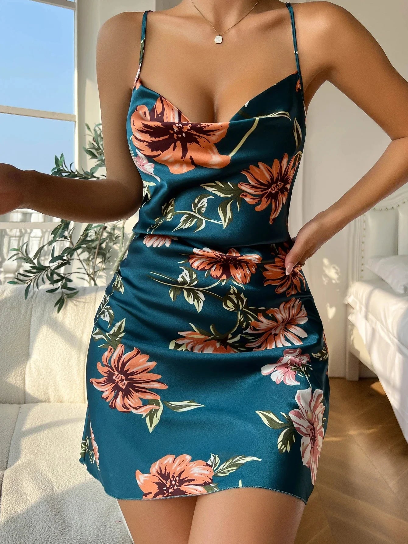 Summer Ice Silk Stain Nightgowns Sleepwear Slip Dress Floral Print Pajamas Open Back Split Nightdress Nighties