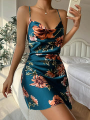Summer Ice Silk Stain Nightgowns Sleepwear Slip Dress Floral Print Pajamas Open Back Split Nightdress Nighties