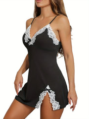 Summer Lace Sleeveless Nighties Dress Pure Black Sleepwear Lingerie V-neck Nightgown Nightdress Sleepshirts