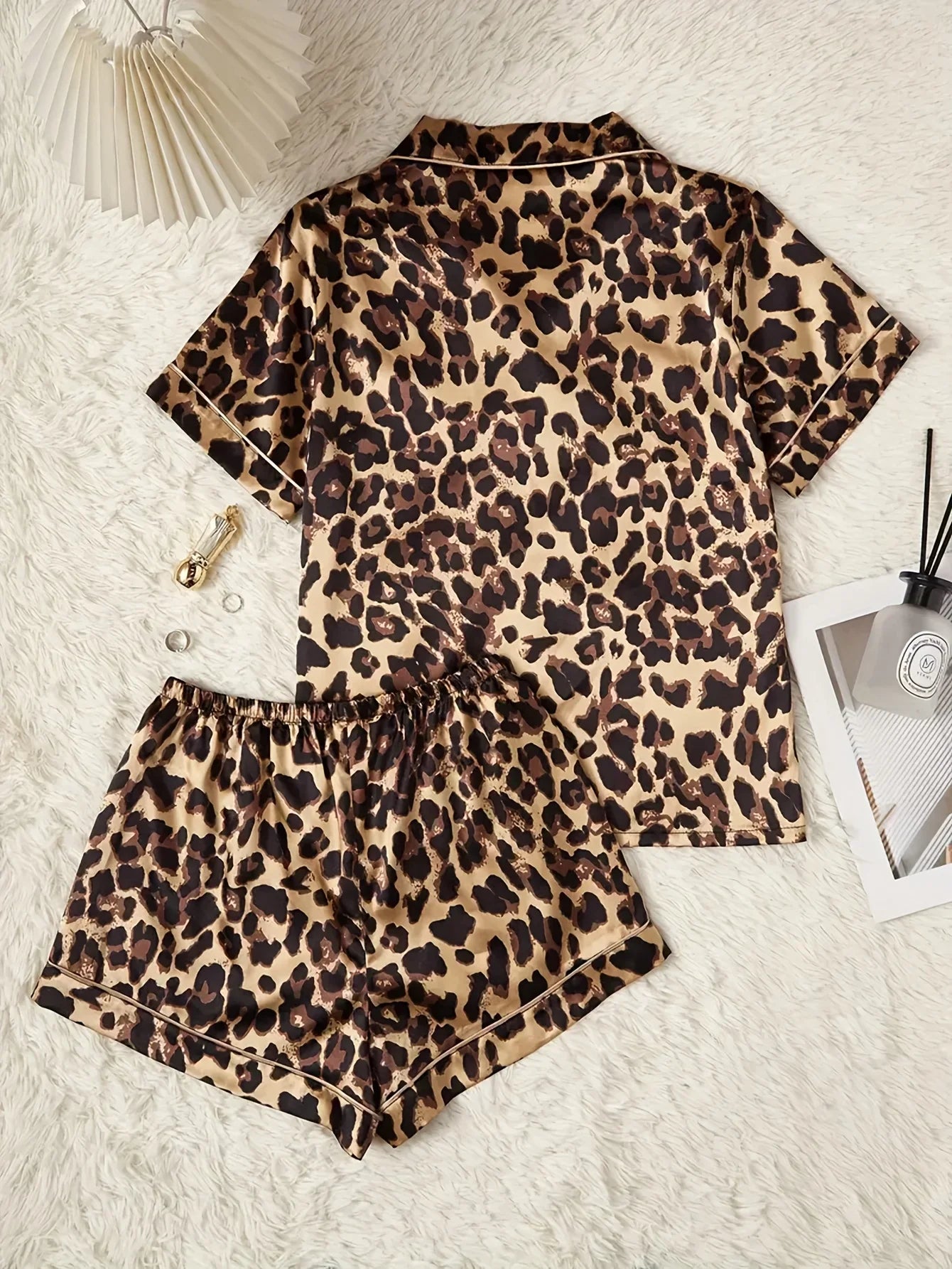 Summer Leopard Print Two Piece Pajama Set Short Sleeve Top and Shorts Sets Sleepwear Home Casual Satin Loungewear