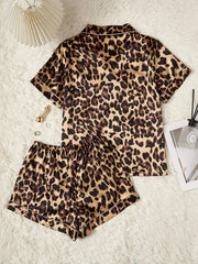 Summer Leopard Print Two Piece Pajama Set Short Sleeve Top and Shorts Sets Sleepwear Home Casual Satin Loungewear