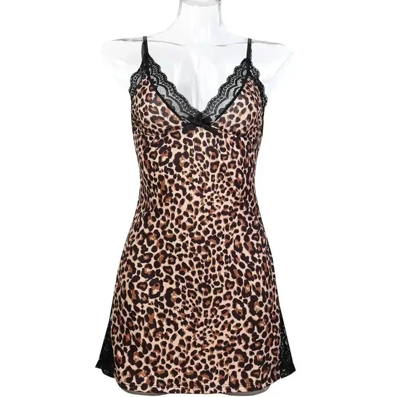 Summer Leopard Printed Nighties Nightgowns Sleepwear Nightshirts Underwear Pajamas V-neck Lace Slim Mini Dress