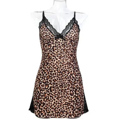 Summer Leopard Printed Nighties Nightgowns Sleepwear Nightshirts Underwear Pajamas V-neck Lace Slim Mini Dress