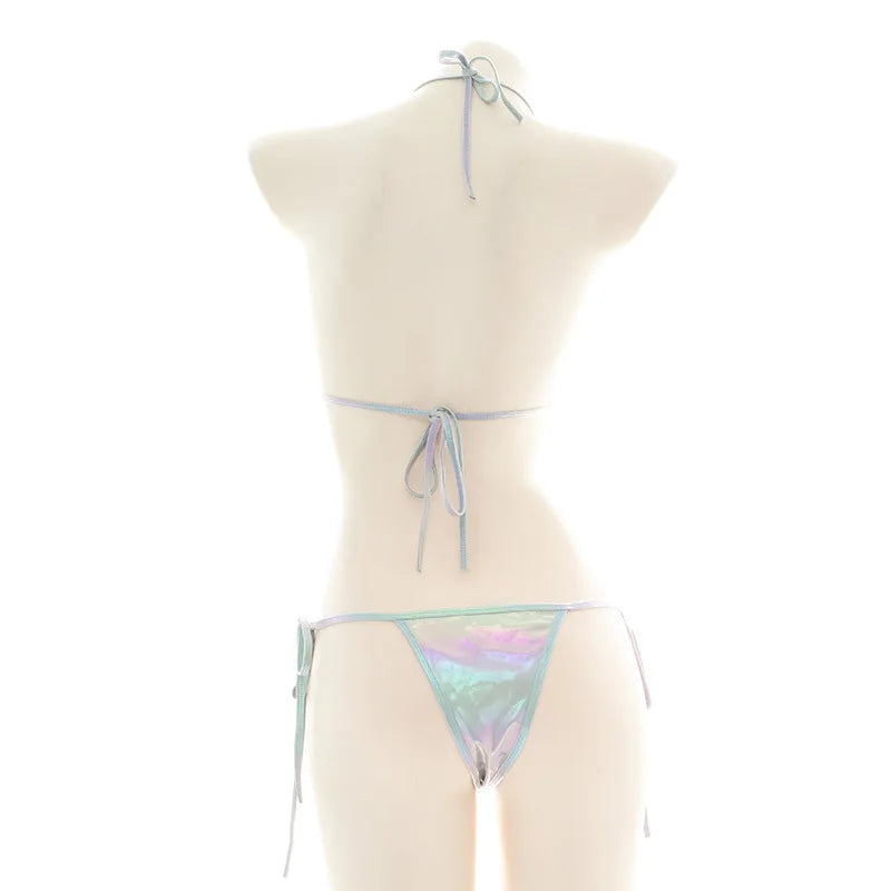 Summer Micro Bikini Set Swimwear Laser Holographic Halter Tops Bra Thong Bathing Suit Beachwear Brazilian Biquini