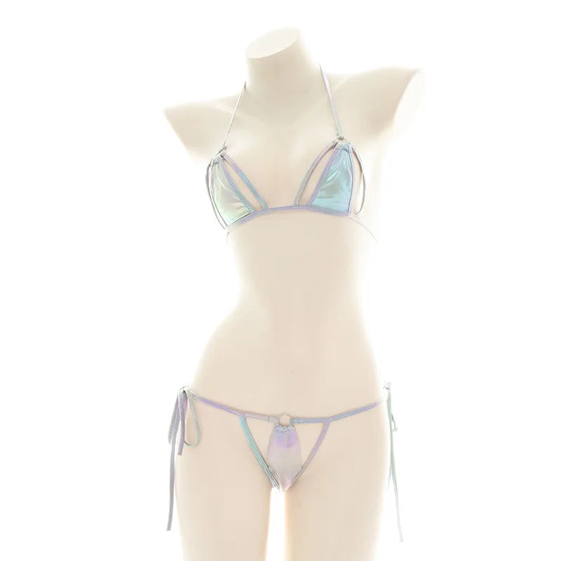 Summer Micro Bikini Set Swimwear Laser Holographic Halter Tops Bra Thong Bathing Suit Beachwear Brazilian Biquini
