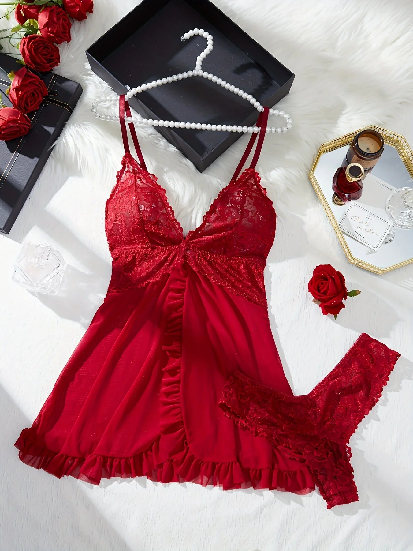 Summer Nightdress Transparent Red Lace See Through Underwear Sleepwear Sleep Dress and Panty Sets Nighty