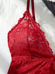 Summer Nightdress Transparent Red Lace See Through Underwear Sleepwear Sleep Dress and Panty Sets Nighty