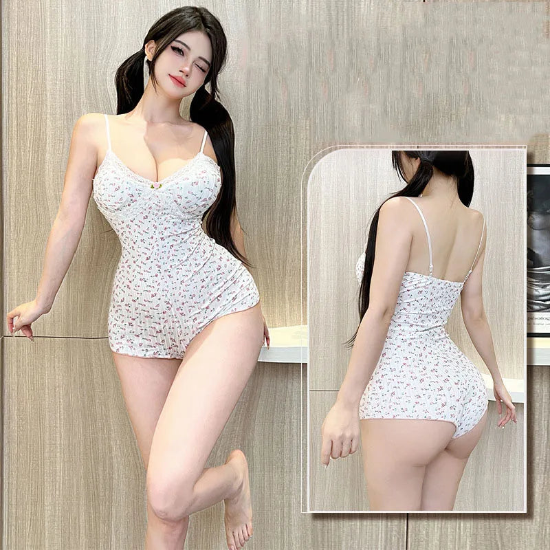 Summer Onesies Underwear Floral Print Bodysuit Lace Trim Sleeveless Slim Fit Jumpsuit Romper Nightwear Lingerie