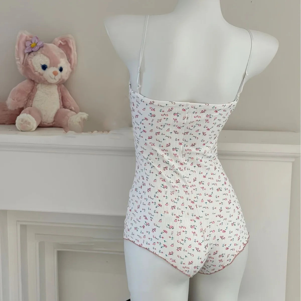 Summer Onesies Underwear Floral Print Bodysuit Lace Trim Sleeveless Slim Fit Jumpsuit Romper Nightwear Lingerie