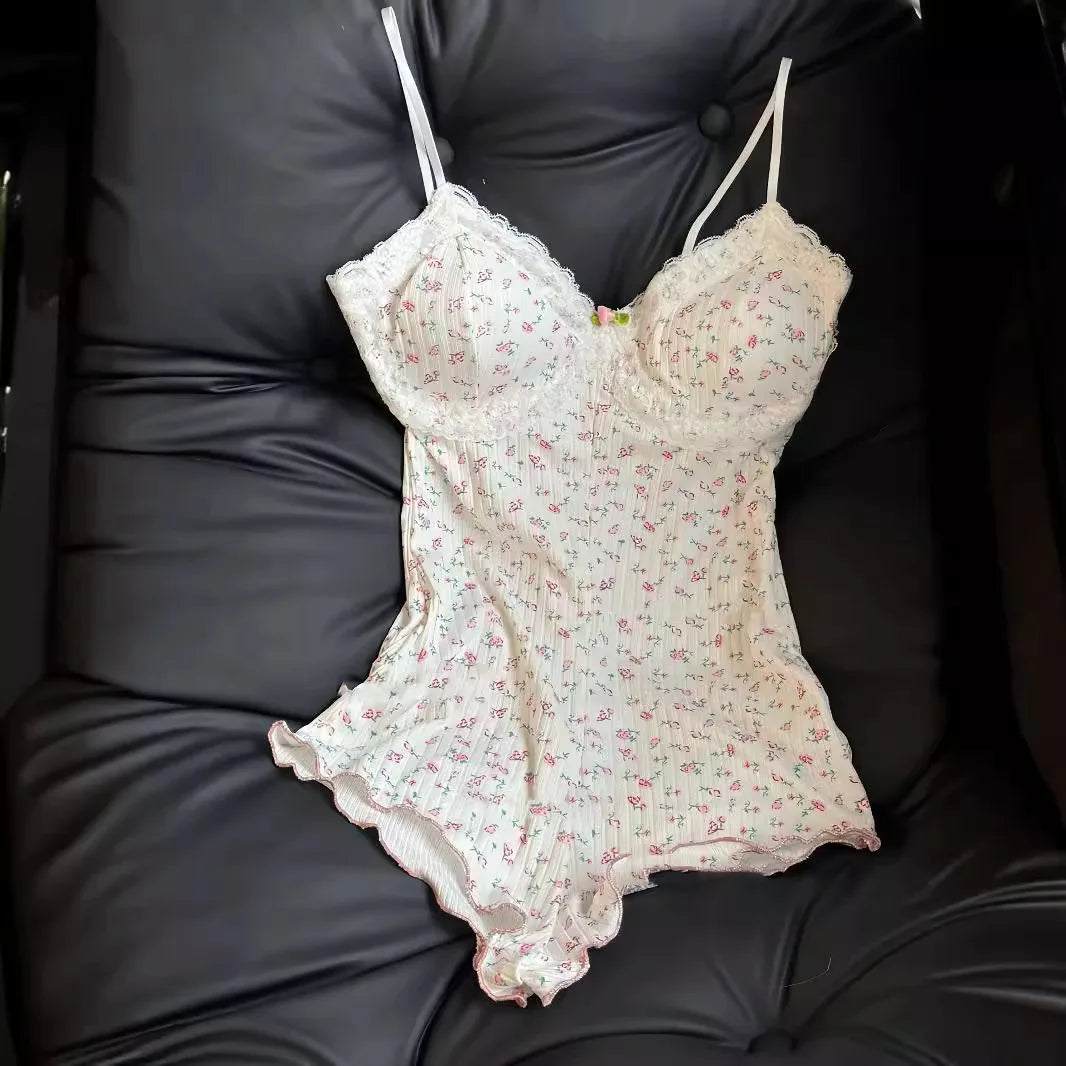 Summer Onesies Underwear Floral Print Bodysuit Lace Trim Sleeveless Slim Fit Jumpsuit Romper Nightwear Lingerie