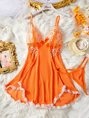 Summer Orange Lace Mesh Contrasting Babydoll Dress Slim Fit Erotic Lingerie With Thongs