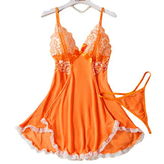 Summer Orange Lace Mesh Contrasting Babydoll Dress Slim Fit Erotic Lingerie With Thongs