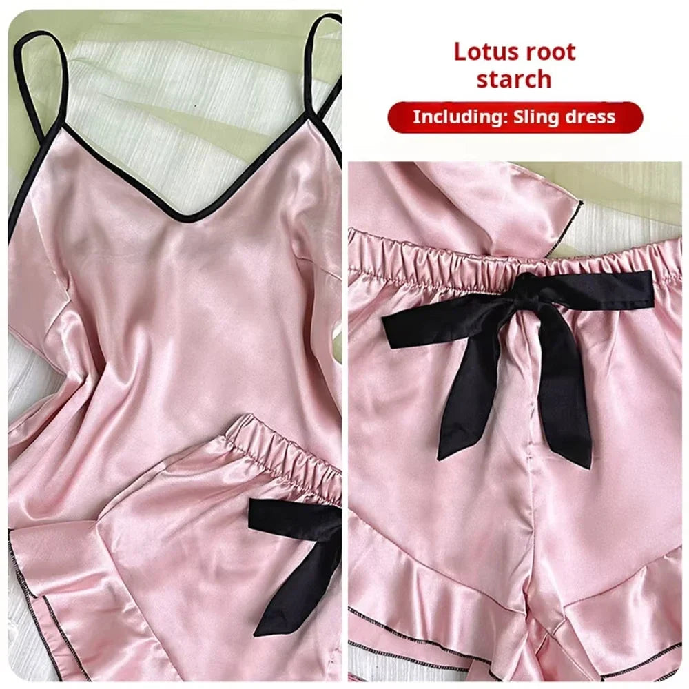 Summer Pajamas Set Smooth Satin V-Neck Ruffled Edges Tops and Bow Shorts Pajama Sling Home Clothing
