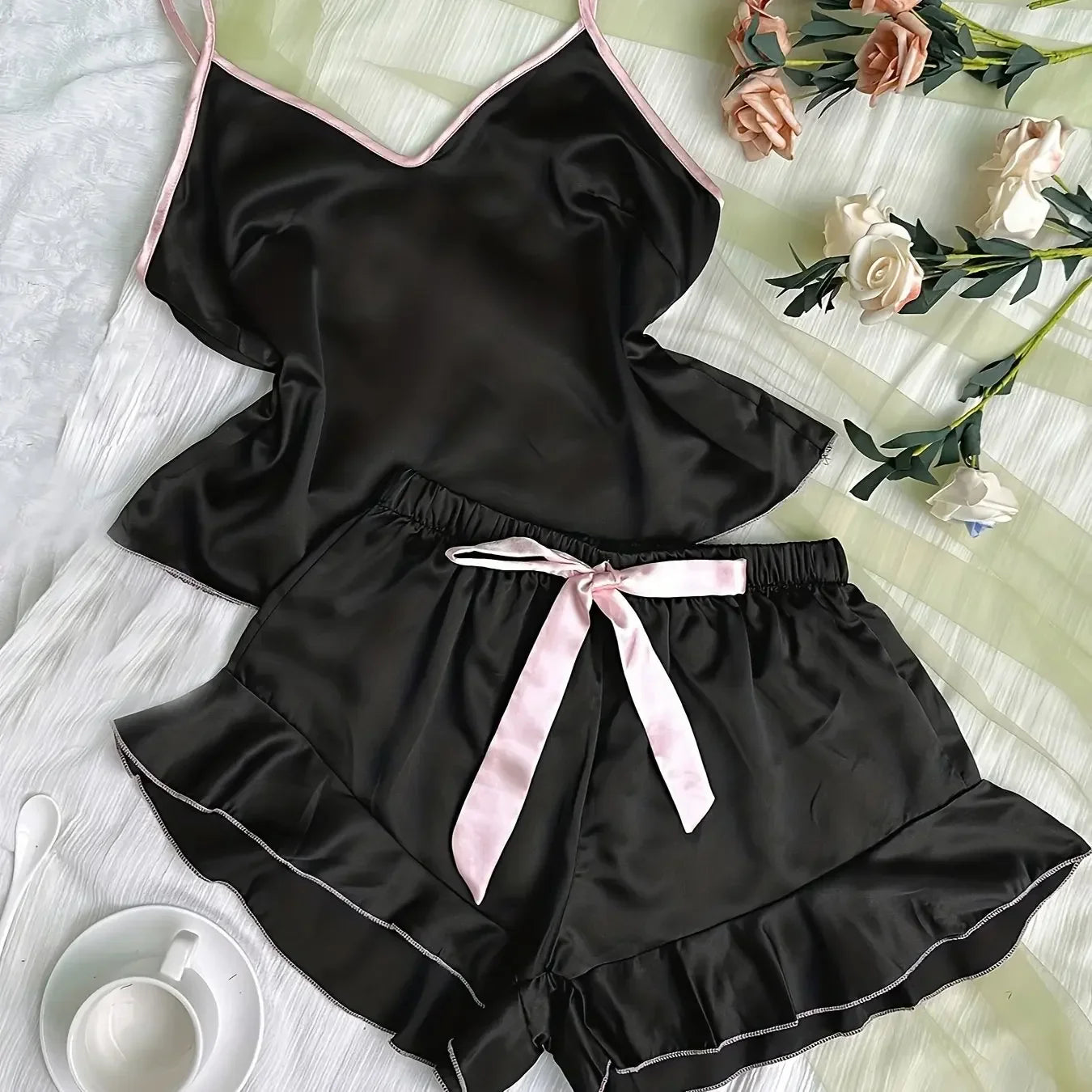 Summer Pajamas Set Smooth Satin V-Neck Ruffled Edges Tops and Bow Shorts Pajama Sling Home Clothing