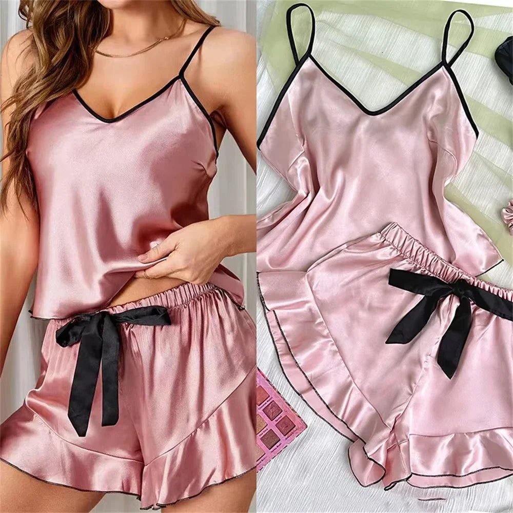 Summer Pajamas Set Smooth Satin V-Neck Ruffled Edges Tops and Bow Shorts Pajama Sling Home Clothing