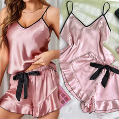 Summer Pajamas Set Smooth Satin V-Neck Ruffled Edges Tops and Bow Shorts Pajama Sling Home Clothing
