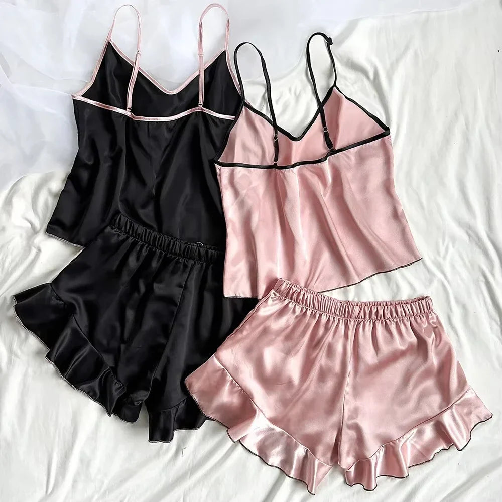 Summer Pajamas Set Smooth Satin V-Neck Ruffled Edges Tops and Bow Shorts Pajama Sling Home Clothing
