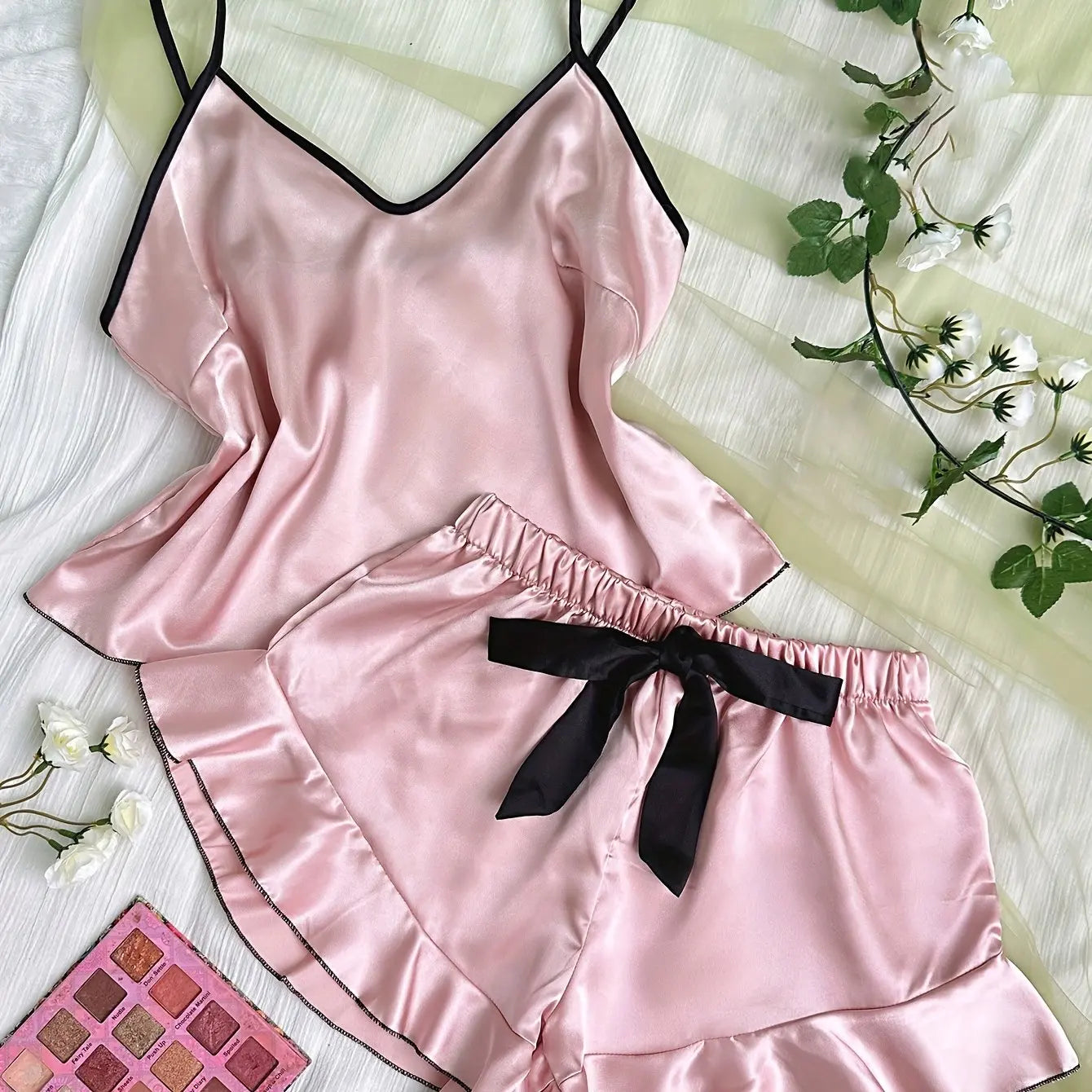 Summer Pajamas Set Smooth Satin V-Neck Ruffled Edges Tops and Bow Shorts Pajama Sling Home Clothing
