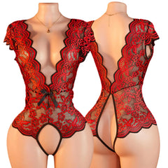 Summer Red Sheer Lace Babydoll Bodysuit Half Sleeve Hollow Backless Deep V Erotic Lingerie & Pajamas