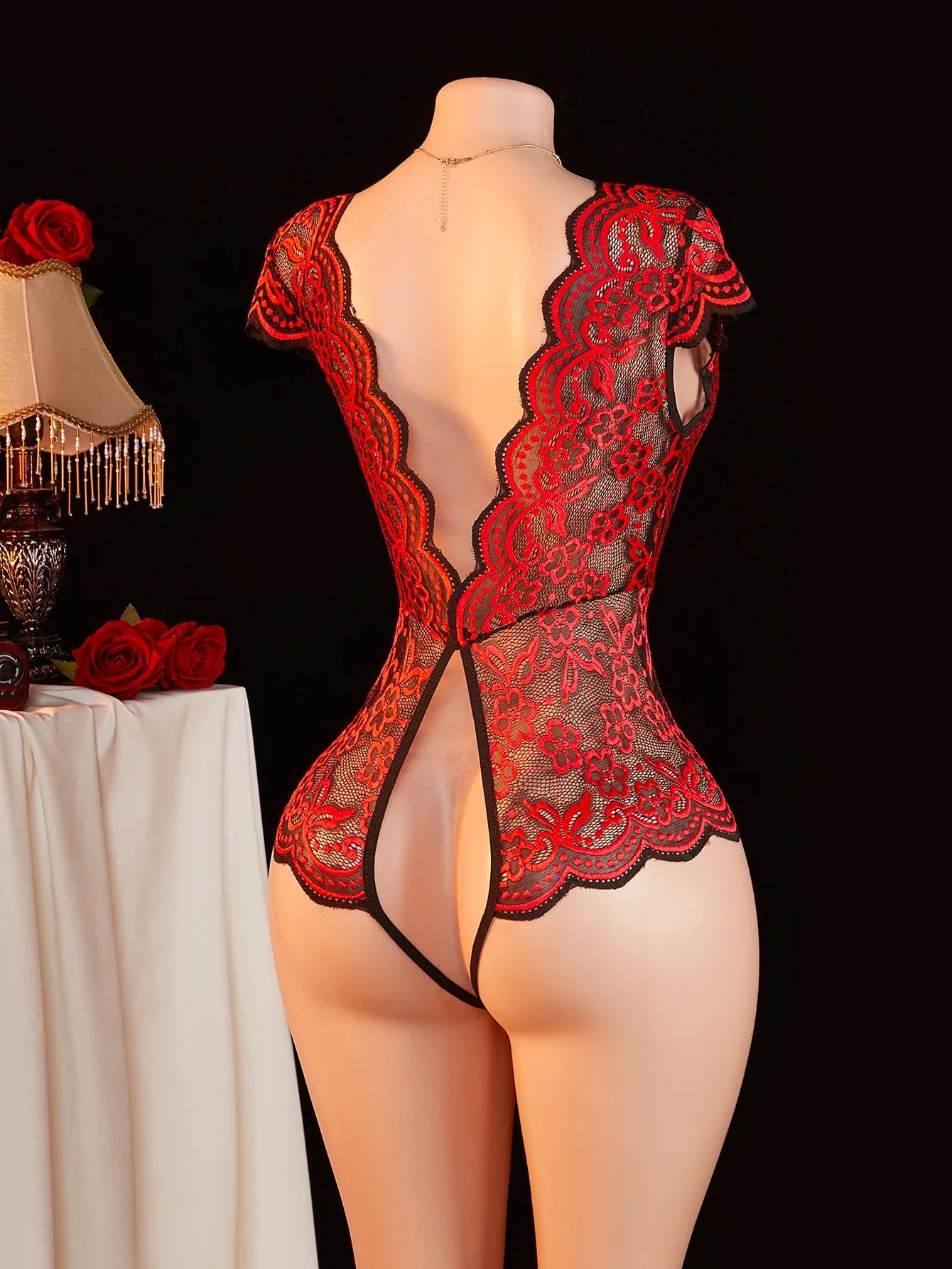 Summer Red Sheer Lace Babydoll Bodysuit Half Sleeve Hollow Backless Deep V Erotic Lingerie & Pajamas