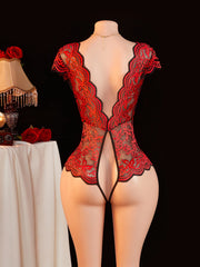 Summer Red Sheer Lace Babydoll Bodysuit Half Sleeve Hollow Backless Deep V Erotic Lingerie & Pajamas