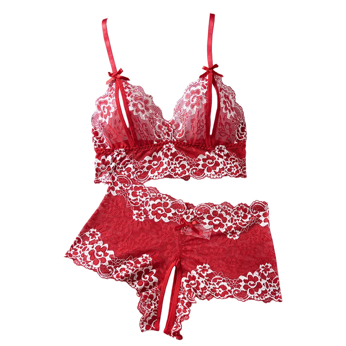 Summer Lingerie 2pce Open-crotch Pants And Open-tip Bra Vest Adult Underwear Transparent Flower Lace Bras Set