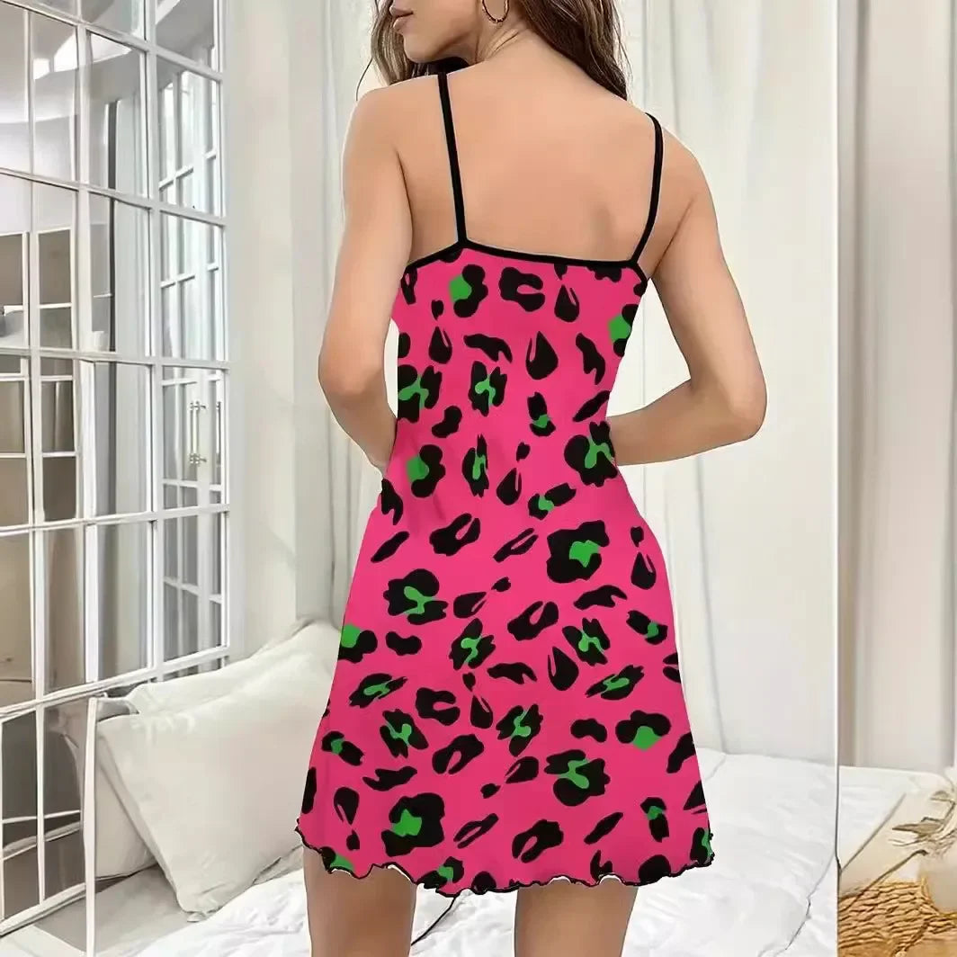 Summer Nightdress Loungewear Leopard Print Nightgown with Spaghetti Strap Slip Dress Breathable Comfy Sleepwear