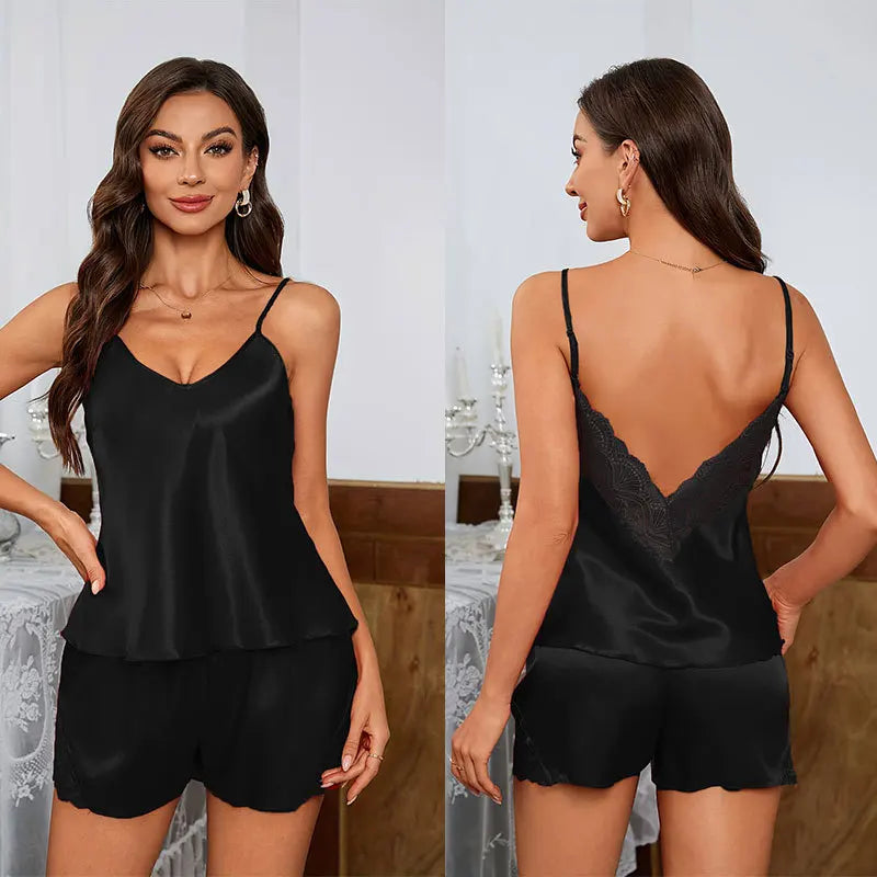 Summer Pajama Sets Backless Deep V Sleepwear Lace Satin Pajamas Set