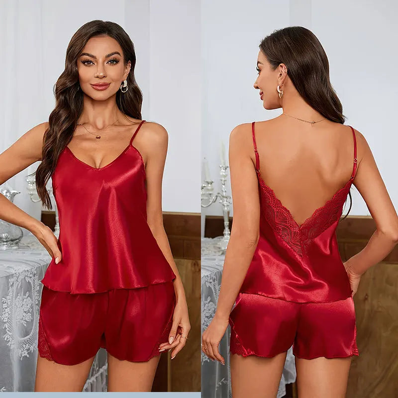 Summer Pajama Sets Backless Deep V Sleepwear Lace Satin Pajamas Set