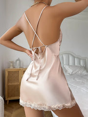 Summer Sleepwear Contrast Lace Silk Satin Nightdress