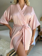 Summer Sleepwear Bride Robe Night Gowns Half Sleeve Loose Nightgown Female Silk Satin Kimono Bathrobe Lingerie