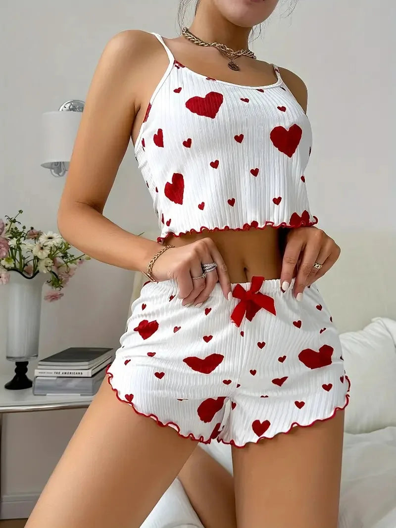 Summer Sleepwear Heart Print Relaxed Fit Pajama Set Round Neck Backless Crop Cami Top and Shorts Set Loungewear