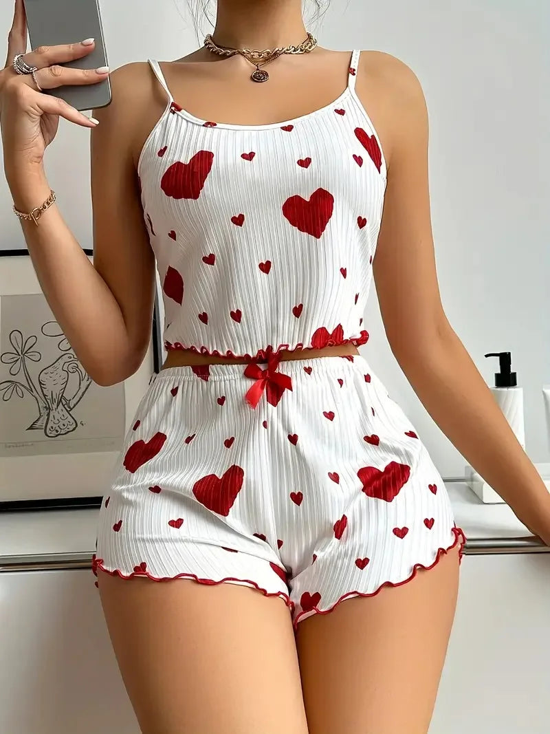 Summer Sleepwear Heart Print Relaxed Fit Pajama Set Round Neck Backless Crop Cami Top and Shorts Set Loungewear
