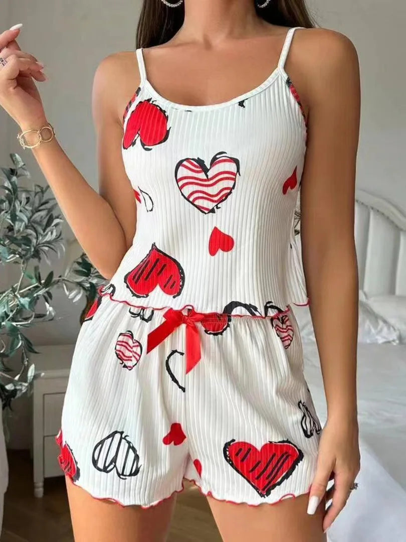 Summer Sleepwear Heart Print Relaxed Fit Pajama Set Round Neck Backless Crop Cami Top and Shorts Set Loungewear