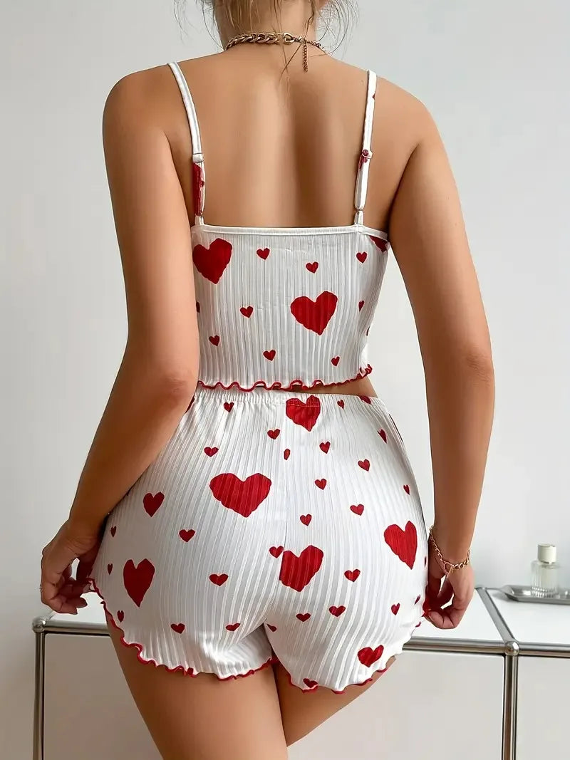 Summer Sleepwear Heart Print Relaxed Fit Pajama Set Round Neck Backless Crop Cami Top and Shorts Set Loungewear