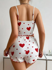 Summer Sleepwear Heart Print Relaxed Fit Pajama Set Round Neck Backless Crop Cami Top and Shorts Set Loungewear