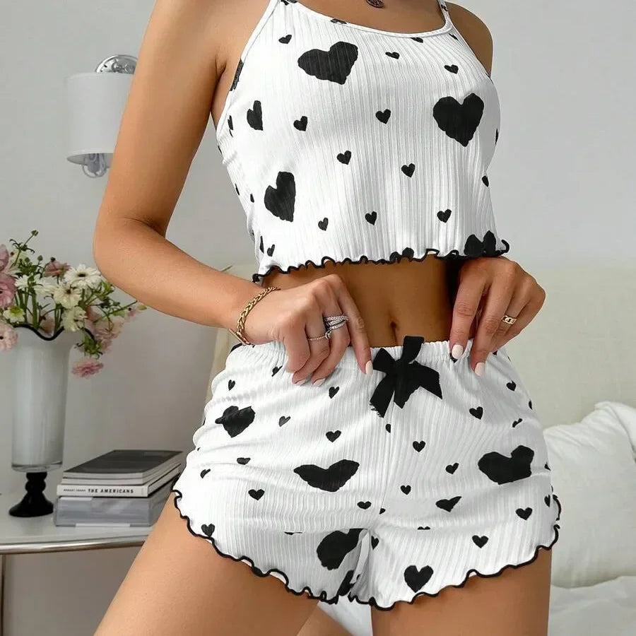 Summer Sleepwear Heart Print Relaxed Fit Pajama Set Round Neck Backless Crop Cami Top and Shorts Set Loungewear