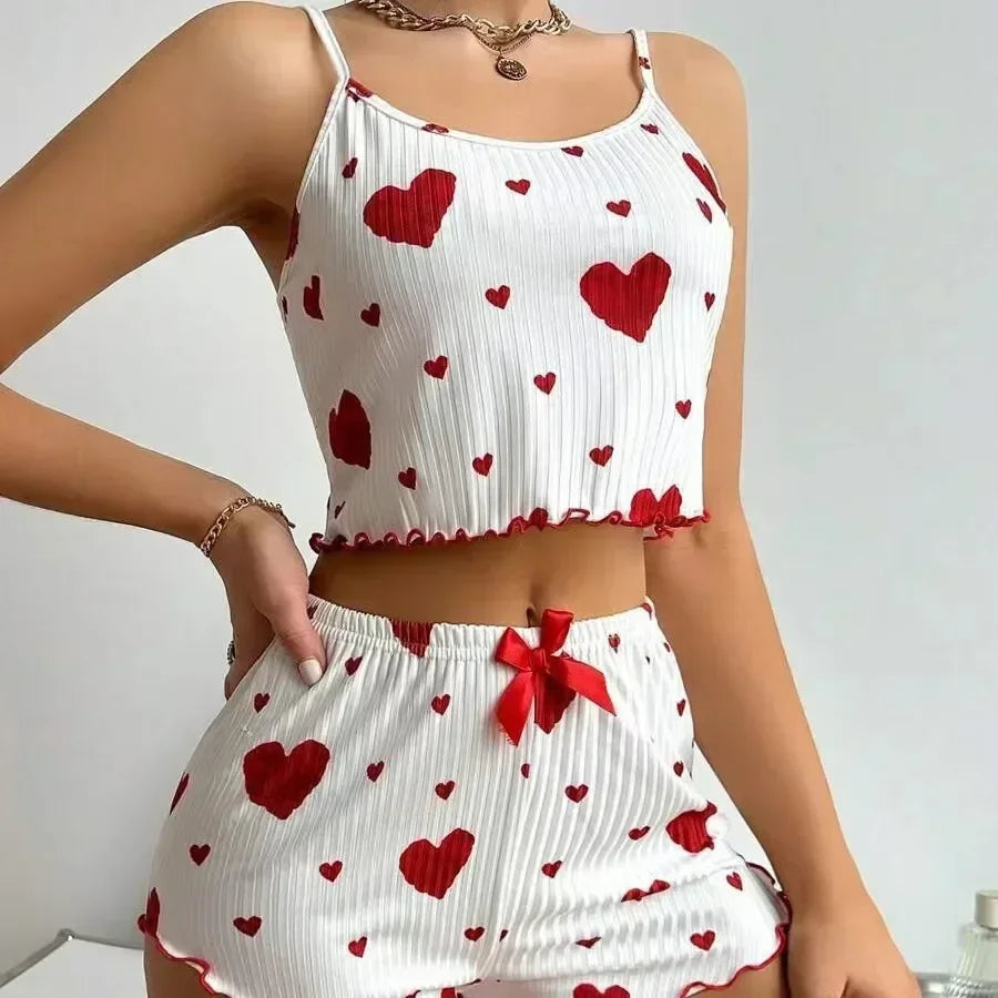 Summer Sleepwear Heart Print Relaxed Fit Pajama Set Round Neck Backless Crop Cami Top and Shorts Set Loungewear