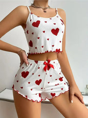 Summer Sleepwear Heart Print Relaxed Fit Pajama Set Round Neck Backless Crop Cami Top and Shorts Set Loungewear