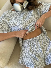 Summer Sleepwear Leopard Print Hottie Round Neck Short Sleeve Shorts Suit Pyjamas Set Homewear Loungewear
