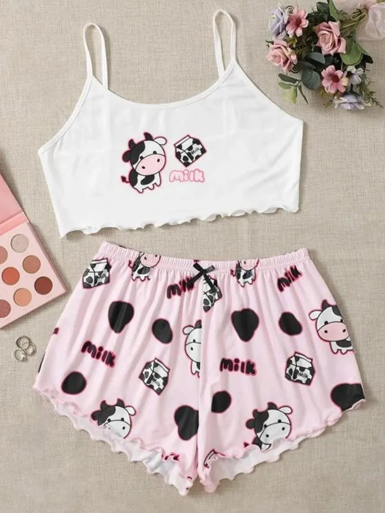 Summer Sleepwear 2pcs Cute Soft Comfy Panda Print Sleeveless Shorts Homewear Pajama Set Loungewear