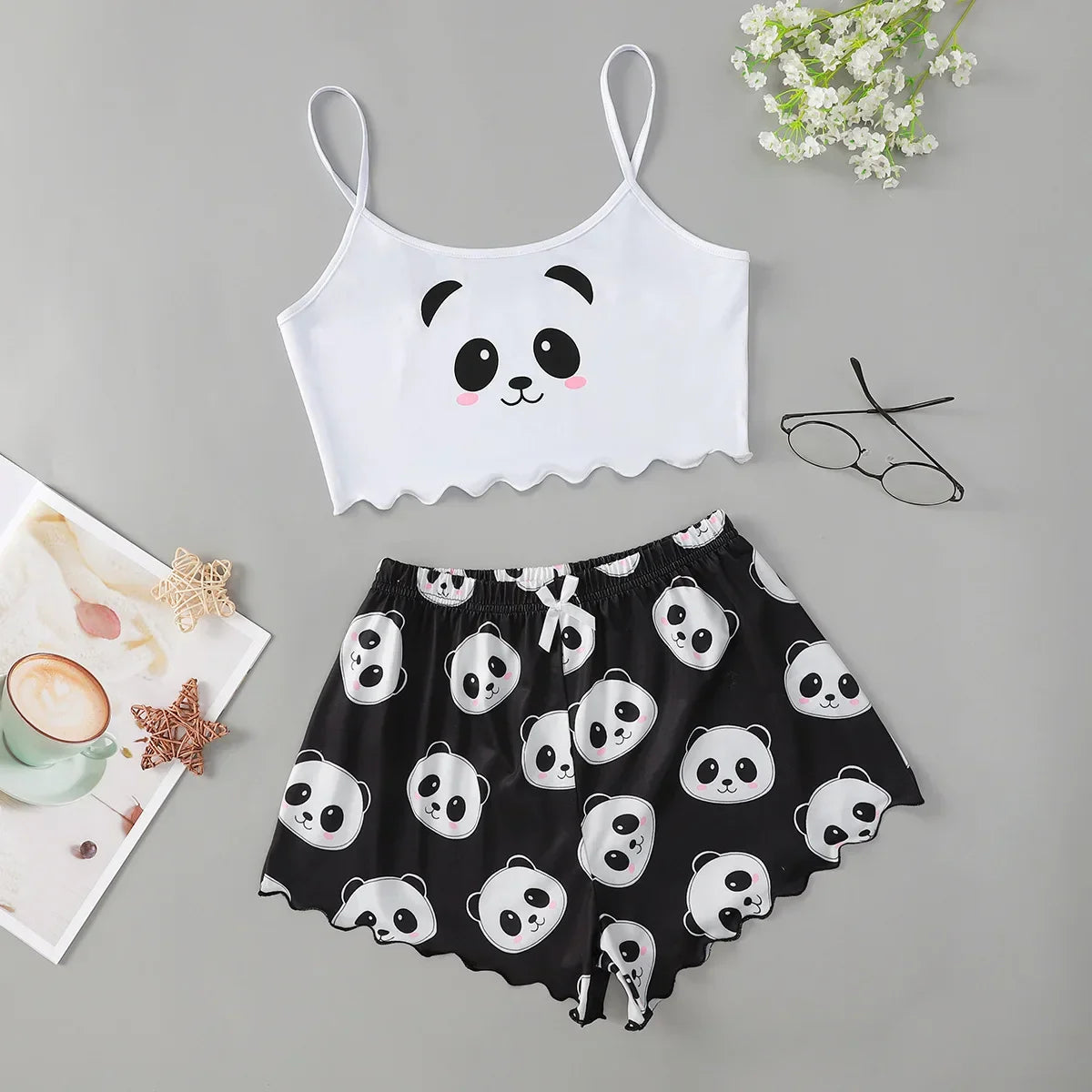 Summer Sleepwear 2pcs Cute Soft Comfy Panda Print Sleeveless Shorts Homewear Pajama Set Loungewear