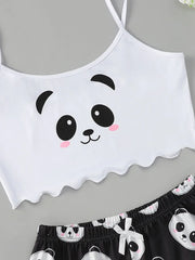 Summer Sleepwear 2pcs Cute Soft Comfy Panda Print Sleeveless Shorts Homewear Pajama Set Loungewear