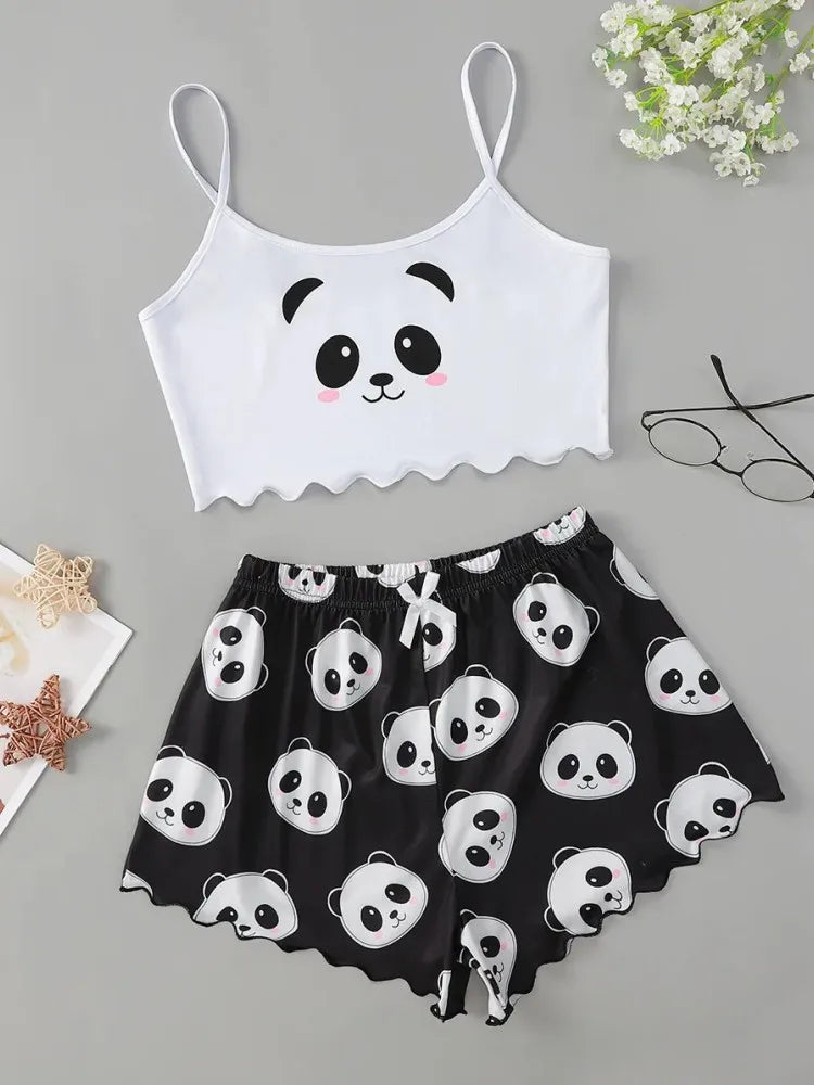 Summer Sleepwear 2pcs Cute Soft Comfy Panda Print Sleeveless Shorts Homewear Pajama Set Loungewear