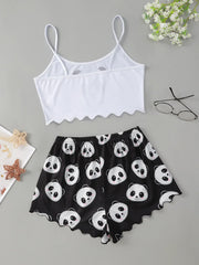 Summer Sleepwear 2pcs Cute Soft Comfy Panda Print Sleeveless Shorts Homewear Pajama Set Loungewear