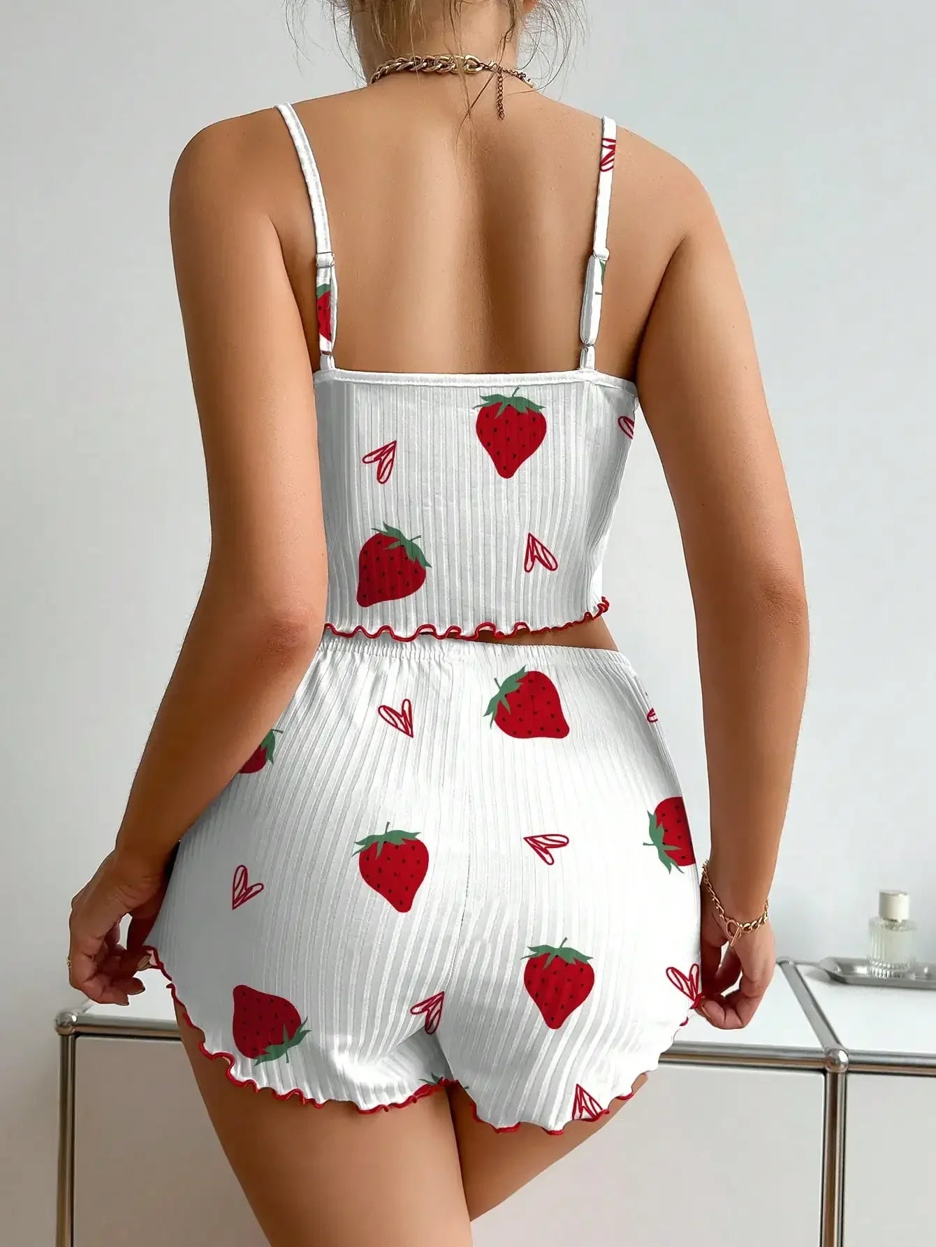 Summer Sleepwear Camisole Strawberry Printing Casual Vest Tops and Shorts  2 Pieces Pajamas Set Loungewear