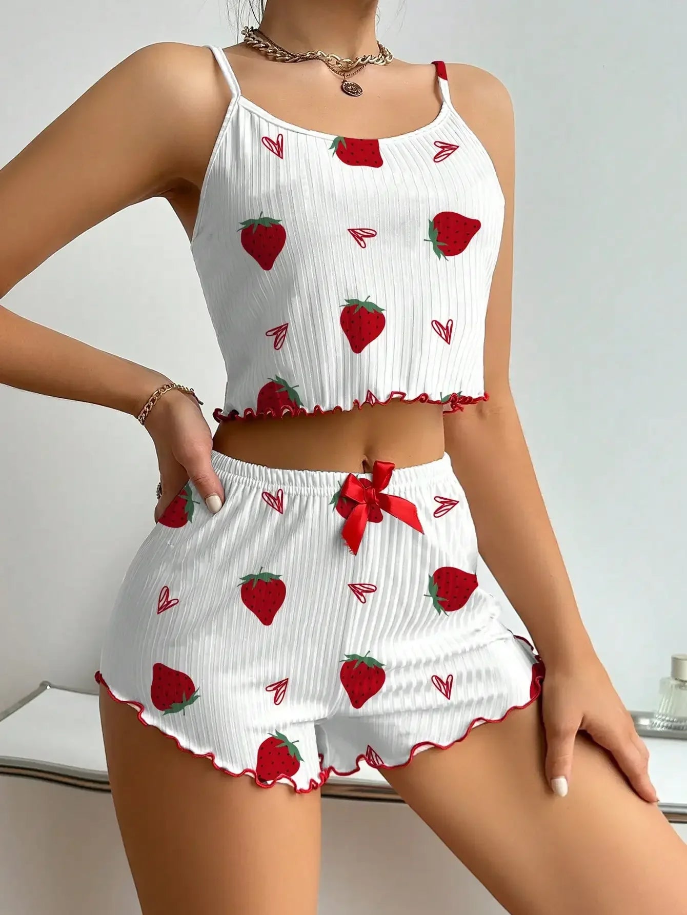 Summer Sleepwear Camisole Strawberry Printing Casual Vest Tops and Shorts  2 Pieces Pajamas Set Loungewear